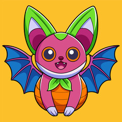 Adorable cartoon bat with bold, vivid colors sitting against a yellow backdrop. kawaii, children illustration and animal designs. Cute Halloween bat with colorful bold lines on yellow background