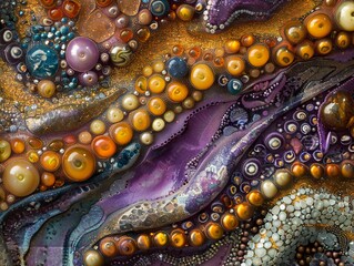 Fototapeta premium Abstract Art with Purple and Gold Texture: Close-Up of Shiny Beads and Metallic Surfaces