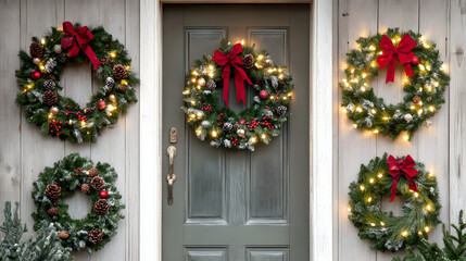 Wooden Christmas wreath with pine branches, red ornaments, and a red ribbon, perfect for winter holiday decor