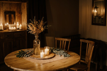 A cozy dining room with a rustic wooden table set for a meal.