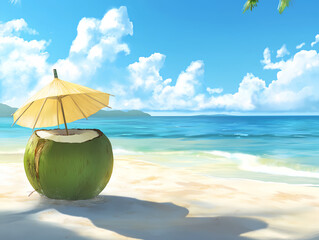 coconut with umbrella on tropical beach under blue sky