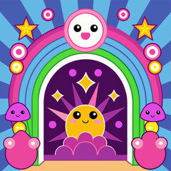 Whimsical cartoon illustration featuring magical portal, a happy sun, rainbows, stars, and cheerful characters in bright colors. Colorful cartoon illustration of a magical portal with happy characters