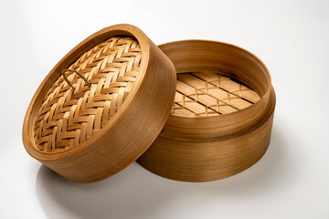 Chinese dim sum dumpling bamboo bowl basket isolated over white background