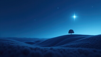 Star with silhouette landscape for peaceful themes. A lone tree stands on rolling hills under a starlit sky, with a bright star illuminating the serene blue nightscape.