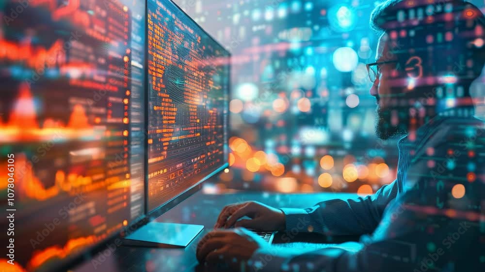 Poster A dedicated programmer engages with complex code on dual monitors, illuminated by city lights and vivid data graphics, showcasing the fusion of technology and innovation during late hours.