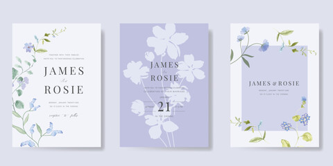 Elegant wedding invitation card background vector. Minimal hand painted purple and blue watercolor botanical flowers texture. Design illustration for wedding, vip cover, poster, rsvp modern card.