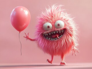 Fototapeta premium A pink furry monster with big eyes and a toothy grin holds a pink balloon in front of a pink background.