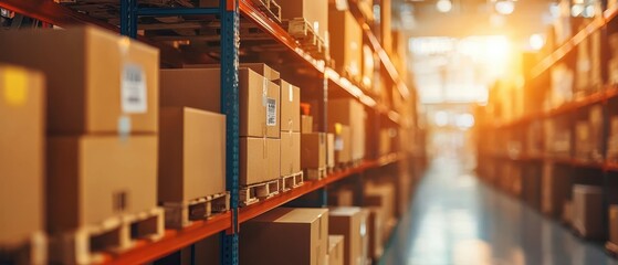 A busy warehouse filled with stacked boxes and shelves under warm sunlight.