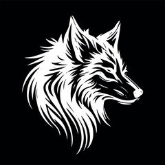 Wolf head white silhouette isolated on black background. Vector image icon