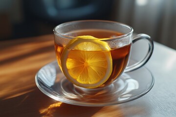 A close-up of a refreshing cup of tea with a slice of lemon. The warm amber color radiates comfort and relaxation. Perfect for a cozy moment. Generative AI