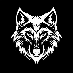 Head of wolf or face white silhouette on black background. isolated vector illustration of Animal predator muzzle, forest sanitarian, wolf Logo, tattoo, icon, decal, print or sticker design element