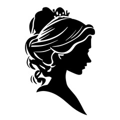 Silhouette of girl profile, woman face side view, young female head with curly hair, portrait. Isolated vector vintage illustration on white background