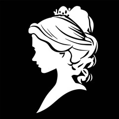 Silhouette of girl profile, woman face side view, young female head with curly hair, portrait. Isolated vector vintage illustration on white background