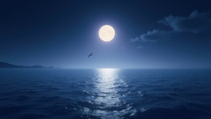 Star with silhouette landscape for peaceful themes. A lone bird soars above the tranquil ocean, with the sun setting in a serene twilight, casting a soft pink glow on the horizon.