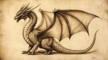 Obraz premium A detailed pencil drawing of a dragon on an aged paper background.