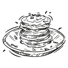 Stack of delicious pancakes served on a plate with syrup and butter, perfect for breakfast or brunch at a cozy café setting