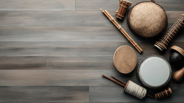 A collection of traditional percussion musical instruments on a wooden surface, including drums, shakers, and bamboo sticks, showcasing diverse textures and materials.