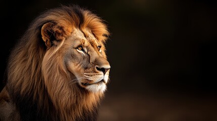 Fototapeta premium A majestic lion gazes thoughtfully, showcasing its powerful mane and intense focus against a dark background.