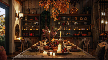 Obraz premium A rustic dining room is beautifully set for Thanksgiving, featuring seasonal decorations, warm candlelight, and a large wooden table