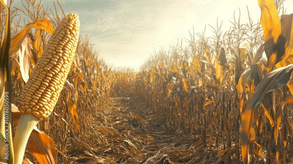 Poster a stalk of corn is in the foreground of a field of corn