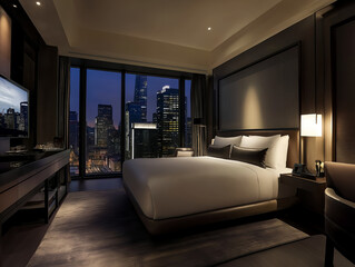a luxurious hotel bedroom with wide windows and a cityscape view at night, illuminated by warm lighting