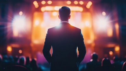 Silhouette of speaker against bright lights, focus on commanding presence, influential public speaking, futuristic, overlay, media event backdrop