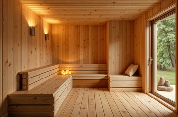 Finnish sauna made of wood with panoramic window