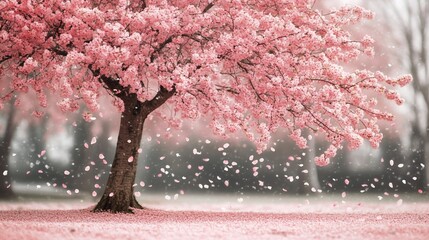 A cherry blossom tree in full bloom with pink petals falling to the ground.