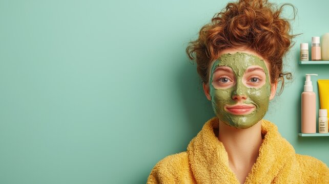 A woman relaxing at home with a green face mask and cozy bathrobe, promoting self-care.
