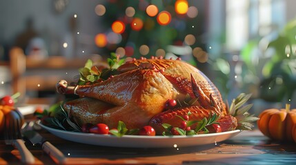 Baked Turkey on a Plate, Thanksgiving Day Banner, 3D Illustration