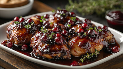 Juicy roasted chicken thighs infused with vibrant cranberries and herbs, served in a rustic dish during autumn's harvest celebration.