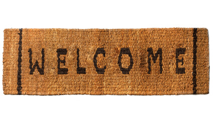 Top view of brown doormat with welcome text on it isolated over white background