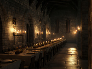 Obraz premium historic dining hall with stone walls and wooden tables