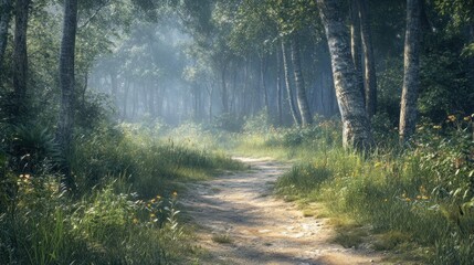 Obraz premium A serene forest path surrounded by lush greenery and soft sunlight filtering through trees.