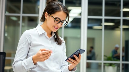 Professional Woman in Office Setting Using Smartphone and Tablet, Ideal for Business and Technology Marketing Materials