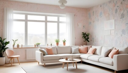 Fototapeta premium Scandinavian living room interior design zoom background,Doodle patterned wallpaper graphics