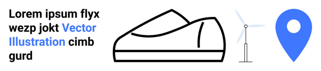 Simplified sneaker, wind turbine, and map pin. Ideal for sustainable energy, eco-friendly travel, clean technology, footwear design, minimalism, vector art, and location marking. Landing page