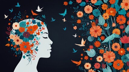 World Mental Health day, concept design with abstract human head profile, flowers and birds. Vector Illustration.