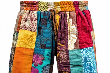 Patchwork fabric pants with colorful designs.