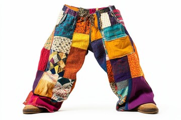 Patchwork pants with brown shoes.