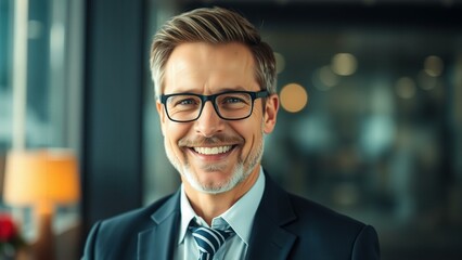 Professional Business Portrait of a Smiling Man in Glasses and Suit, Perfect for Corporate Websites and Marketing Materials