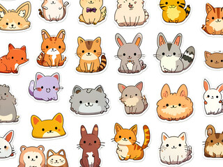 a collection An Adorable Collection of Playful Cartoon Animal Stickers on an A4 Sheet with Whimsical
