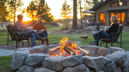 Family gathered around a campfire at sunset, unposed, enjoying stories and roasting marshmallows, capturing the warmth and togetherness of outdoor adventures