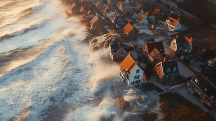 coastal community rebuilding after being devastated by a storm surge or hurricane, depicting the resilience efforts needed to adapt to climate change impacts. Climate change