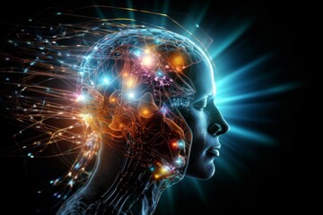 A glowing head with digital veins and a bright blue light emanating from the side. AI generative. .