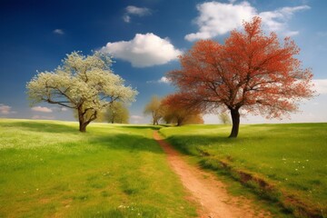 Naklejka premium A winding path through a field of green grass and white wildflowers, framed by a blossoming tree and a vibrant red tree. AI generative. .