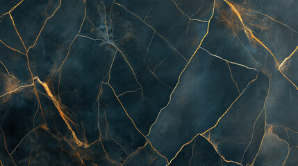 Abstract marble texture with dark blue background and gold vein patterns creating an elegant and luxurious design.