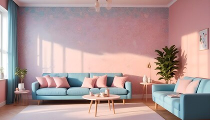 Scandinavian living room interior design zoom background,Doodle patterned wallpaper graphics
