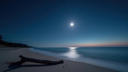 Obraz premium Star with silhouette landscape for peaceful themes. Serene moonlit beach with a bright star above, a log on the sand, and gentle waves under the night sky. Peaceful and tranquil.