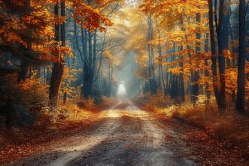 Obraz premium A path through a misty forest with golden leaves and sunbeams. AI generative. .